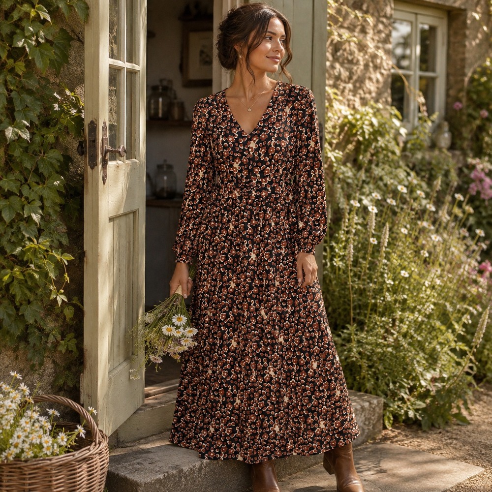 Calie Paris Floral Maxi Dress Size FR 40 US 8 Brown Boho Cottage French Girl
